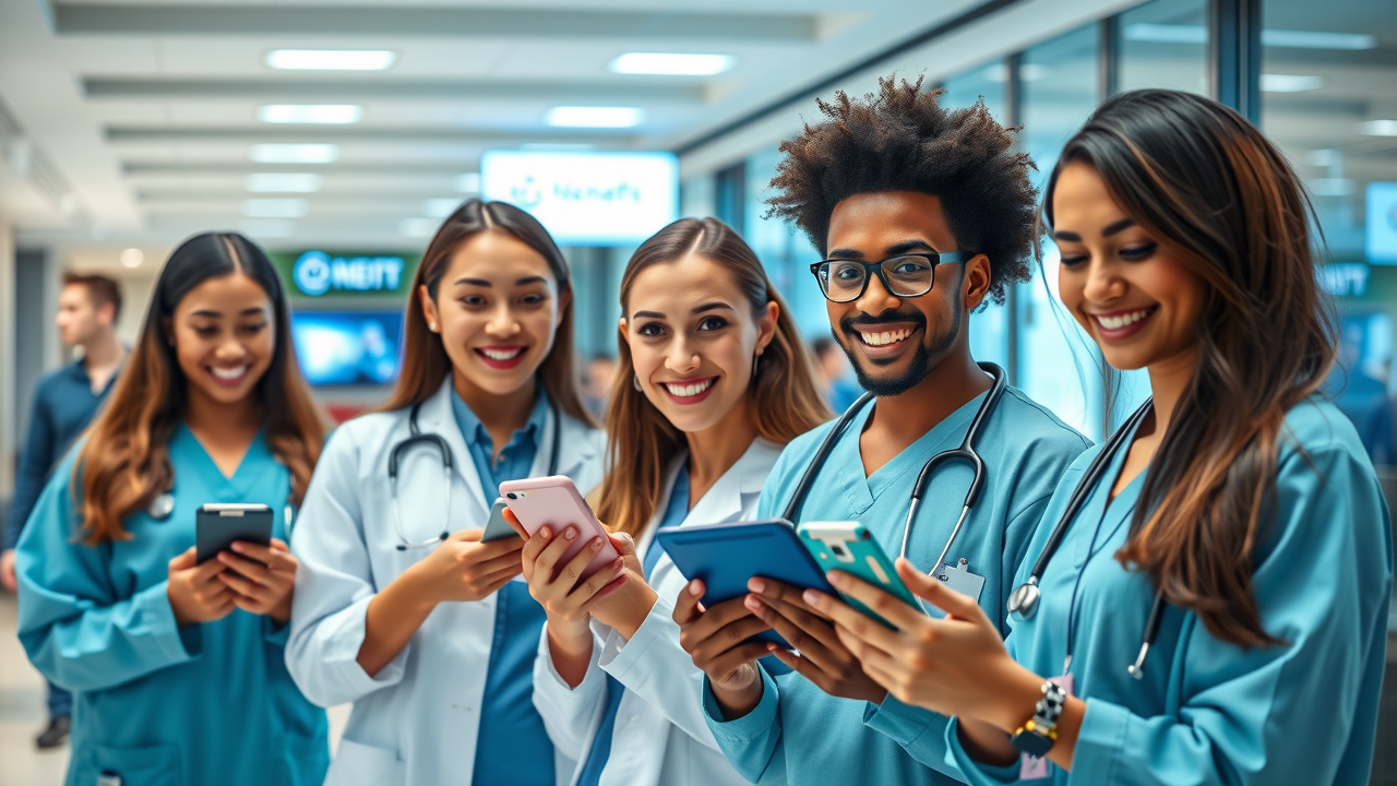 Vibrant digital healthcare team using tablets and smartphones in a modern hospital lobby, social media marketing healthcare team