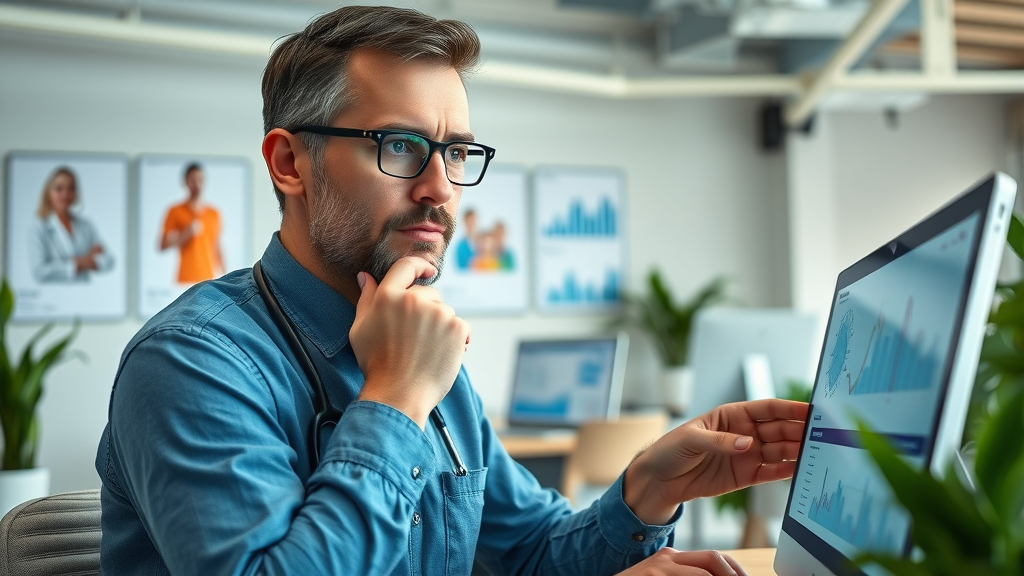 Analytical healthcare marketer reviewing content marketing performance metrics dashboard in an open medical office