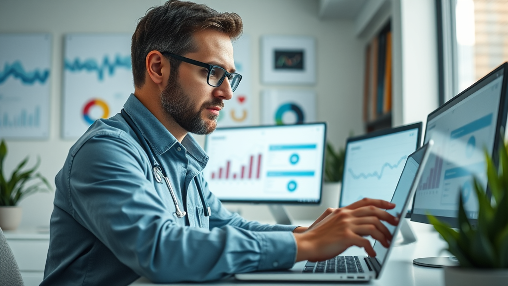 Healthcare manager analyzing healthcare digital marketing dashboard with analytics