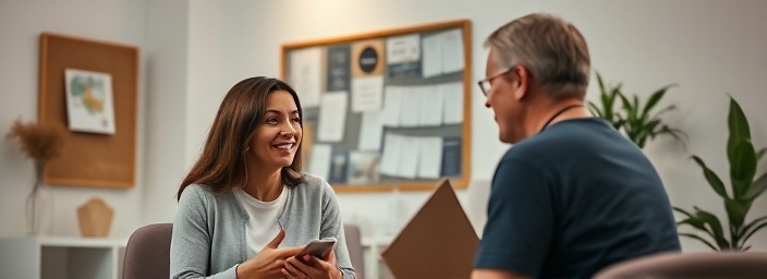 compassionate therapist, listening intently, guiding, photorealistic, minimalist office with a stylish notice board, highly detailed, relaxed body language, 50mm lens, soft lighting, neutral palette