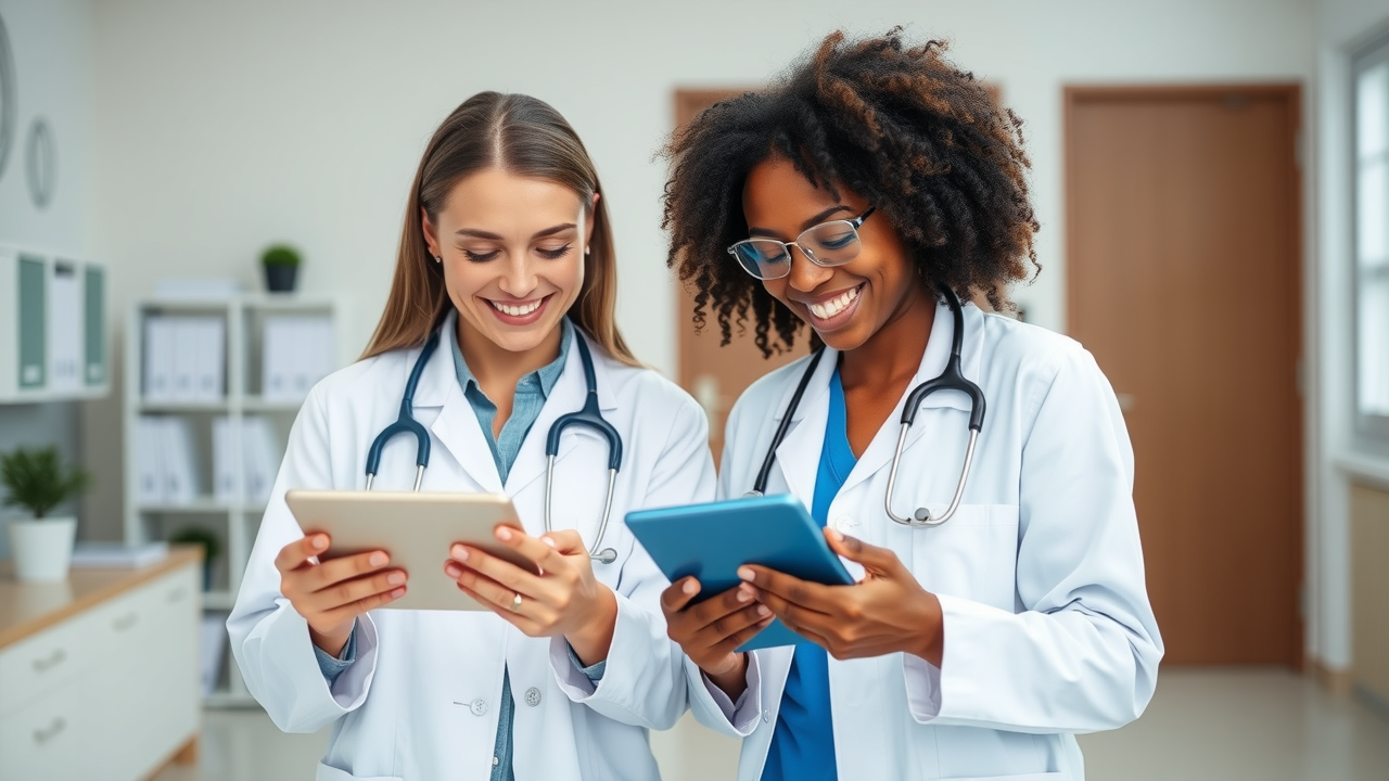 2 doctors reading a health blog on their smartphones and tablets, with smiling faces and a calm clinic setting.