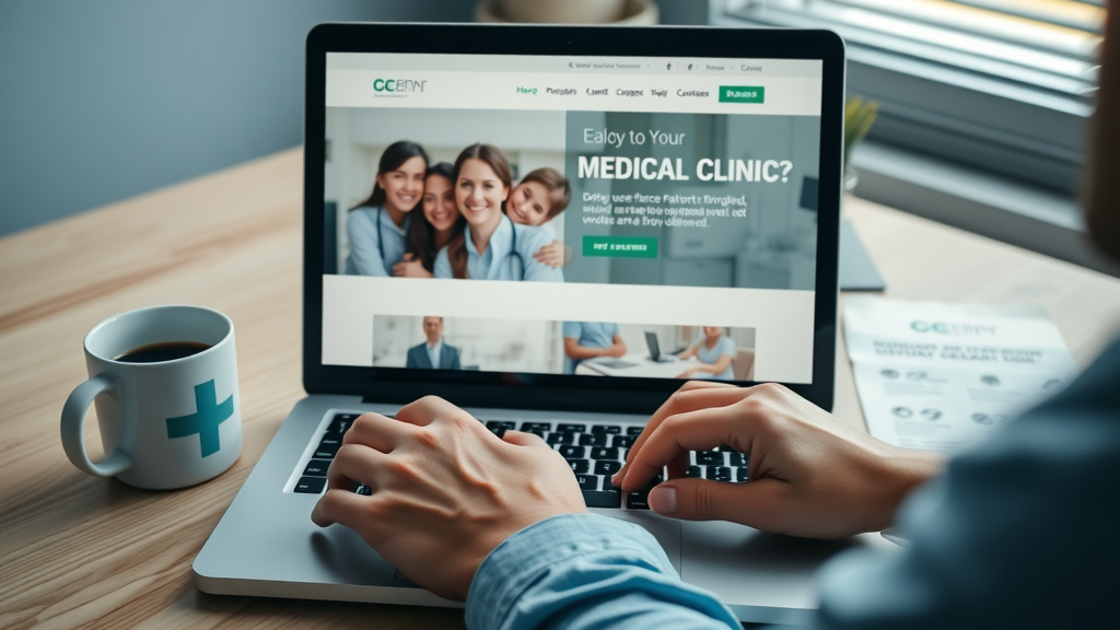 branding for small medical practices laptop displaying medical clinic website, practice brand logo, healthcare services, patient communications