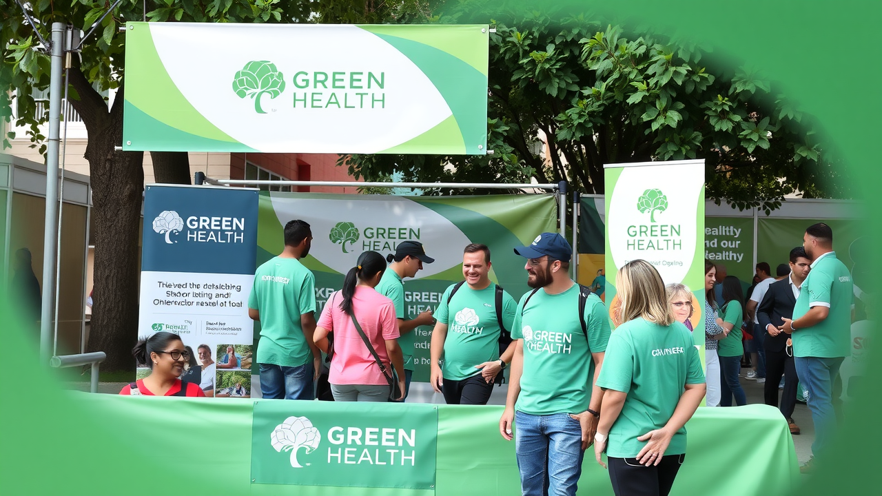 Community healthcare event booth with strong brand visuals — banners, logo, matching team shirts, friendly interactions with locals