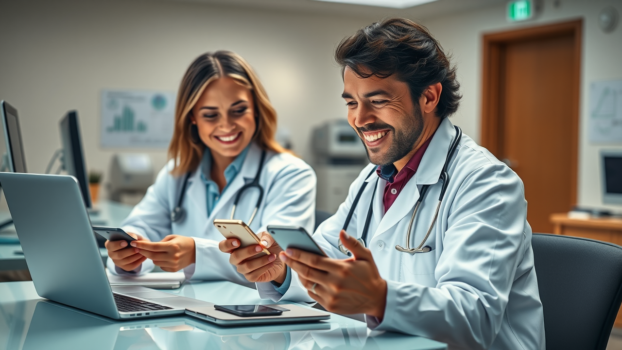 doctors sending digital reminders to their patients using smart phones and laptops