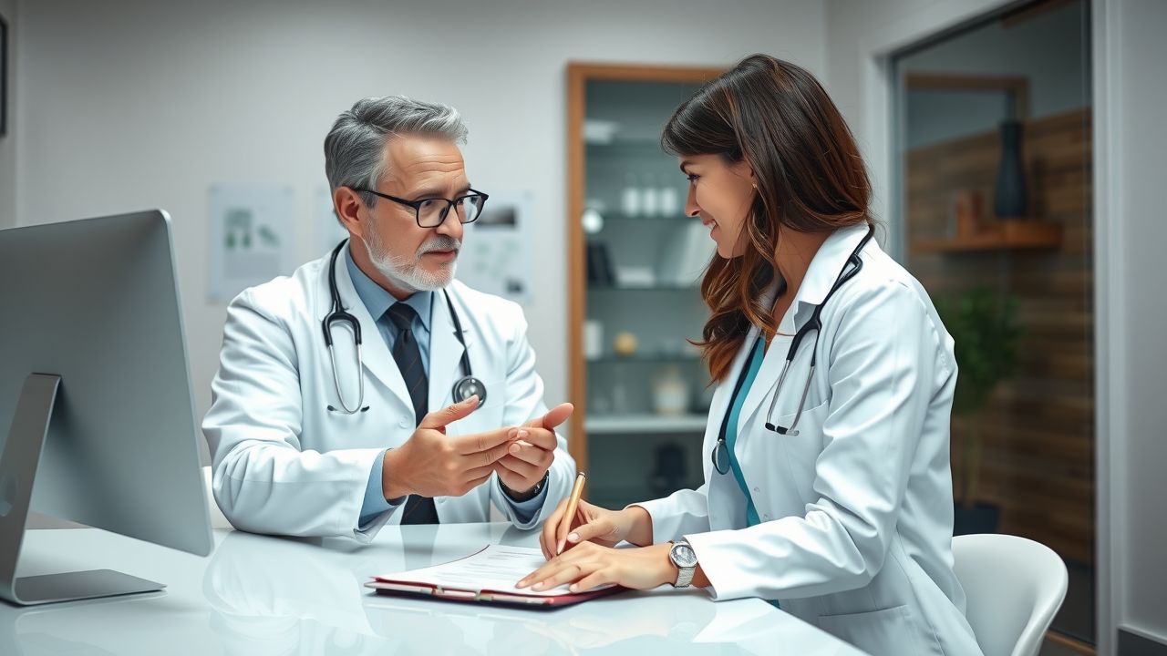 Doctor and assistant brainstorming email content strategy in a sleek, professional clinic office with email templates on a screen