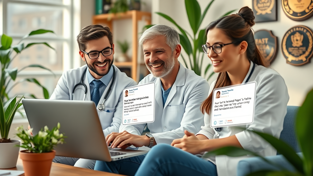 medical marketing team reviewing online presence testimonials for concierge care