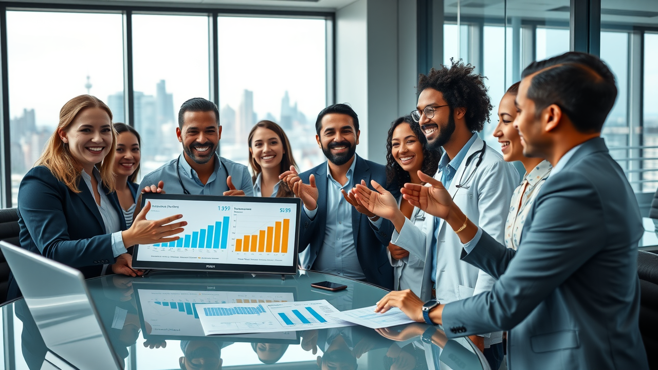 Motivated healthcare marketing team presenting successful content marketing strategies in a boardroom for medical practices
