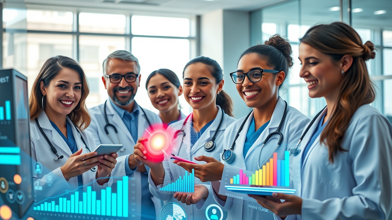 A concierge medical team celebrating patient engagement growth with digital tools, surrounded by charts and happy patient feedback.