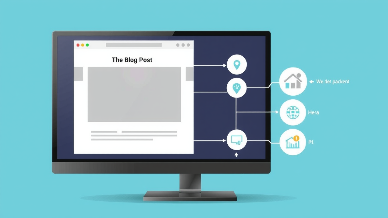 An illustrated anatomy diagram of a blog post with labeled parts like headline, intro, subheadings, keywords, call-to-action – clean and modern style