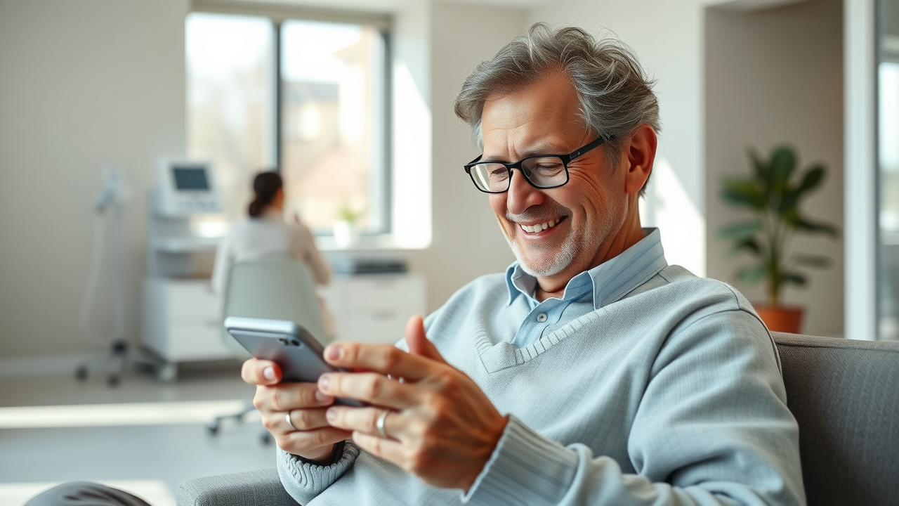 A smiling patient reading a wellness email from their concierge doctor on a smartphone, with a calm, trustworthy medical setting in the background