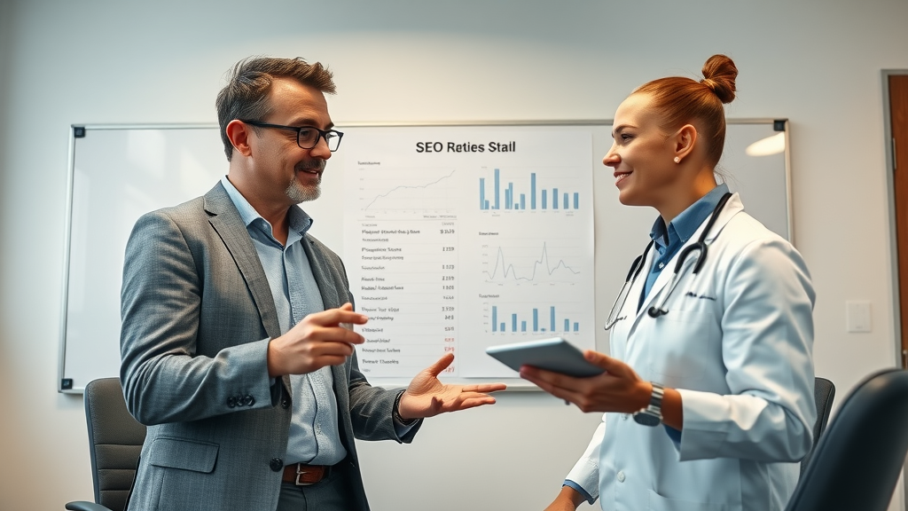 A consultant and healthcare provider discuss local SEO pricing options with charts and reports for medical practices.