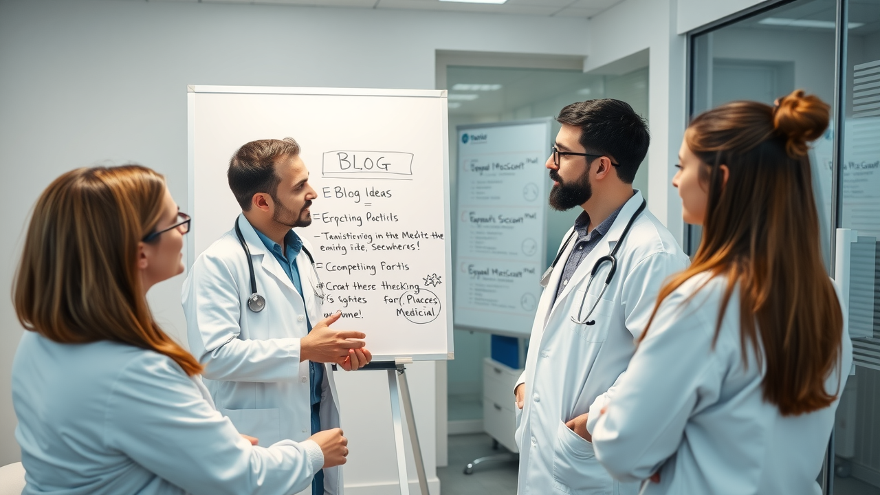 Medical marketing team in a modern clinic brainstorming blog ideas,