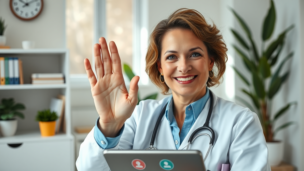 Friendly healthcare provider waving at a patient through a video call, symbolizing virtual patient reactivation