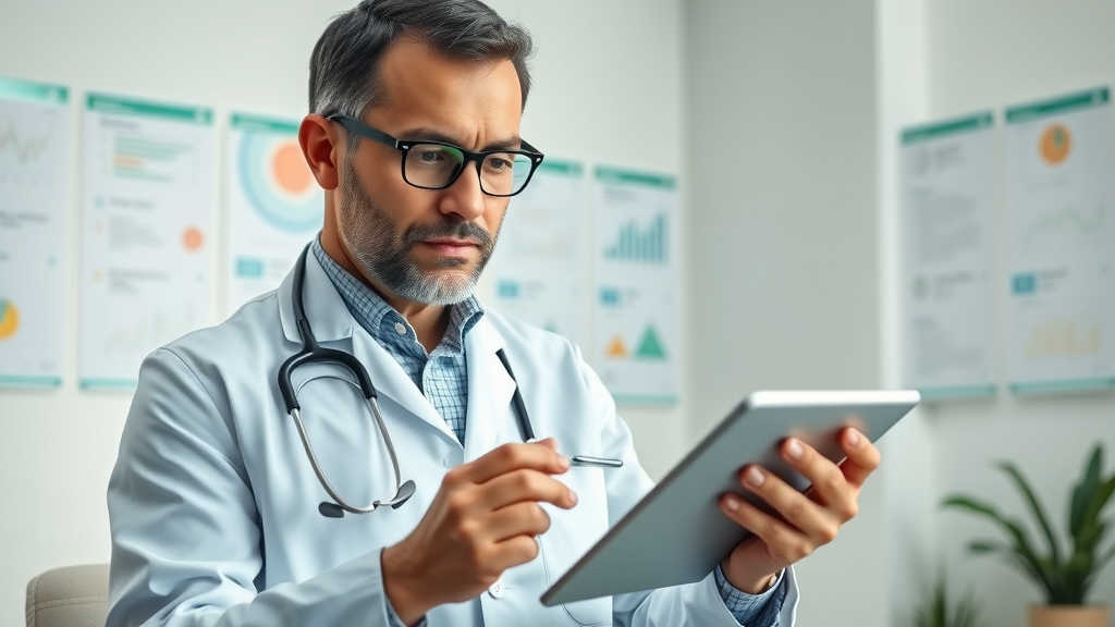 Doctor reviewing a step-by-step SEO checklist for medical providers using a tablet to enhance local SEO for their healthcare practice.