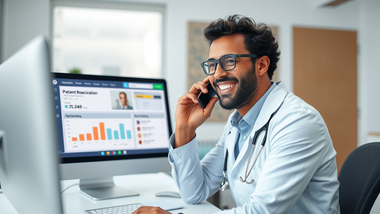 Smiling doctor calling a patient on the phone in a bright, modern clinic office, with a computer screen showing a patient reactivation dashboard