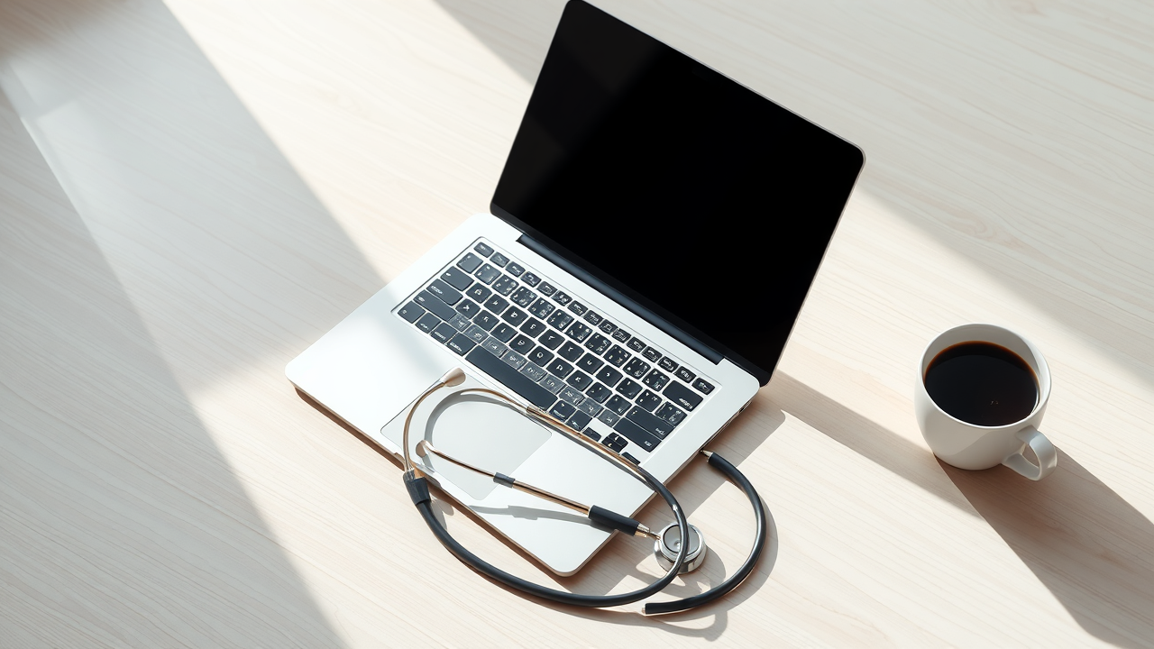 Flat lay of branded email marketing materials for a high-end medical practice, including a laptop, stethoscope, and coffee cup