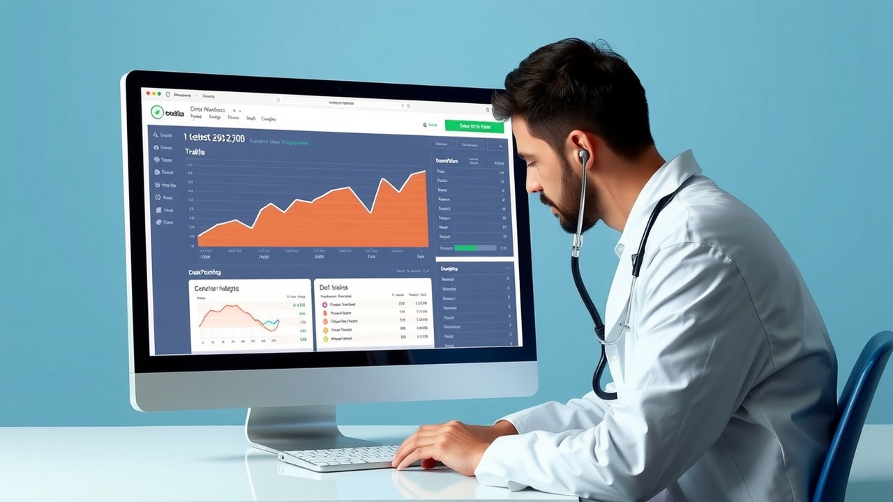 Doctor with a stethoscope reviewing website analytics on a computer,