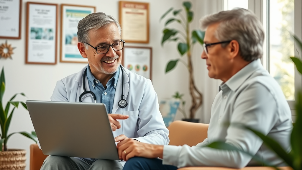 Caring doctor explaining medical blog to a patient as part of content marketing for medical practices, consultation room with health graphics on a laptop