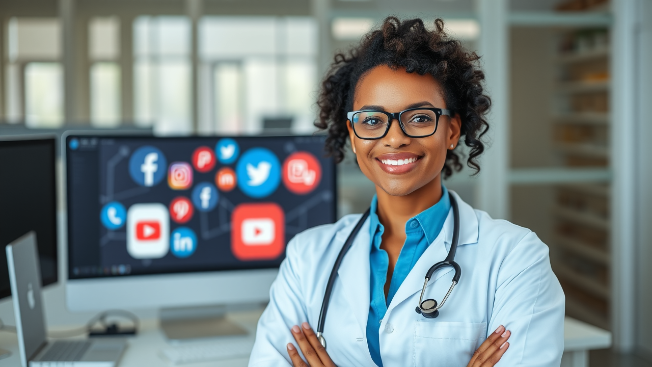A happy professional, confident medical practice manager, poised and contemplative, evaluating social media strategies