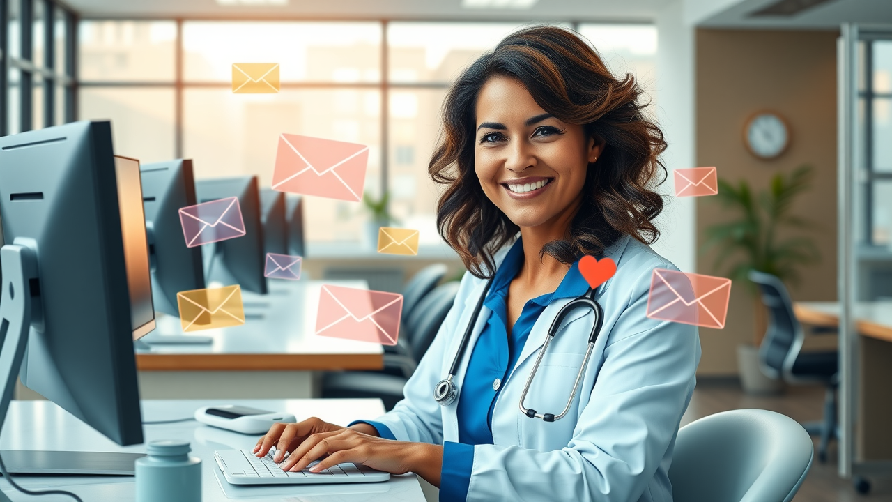 A doctor sending friendly reminder emails to patients, with colorful icons of envelopes, phones, and calendars floating around