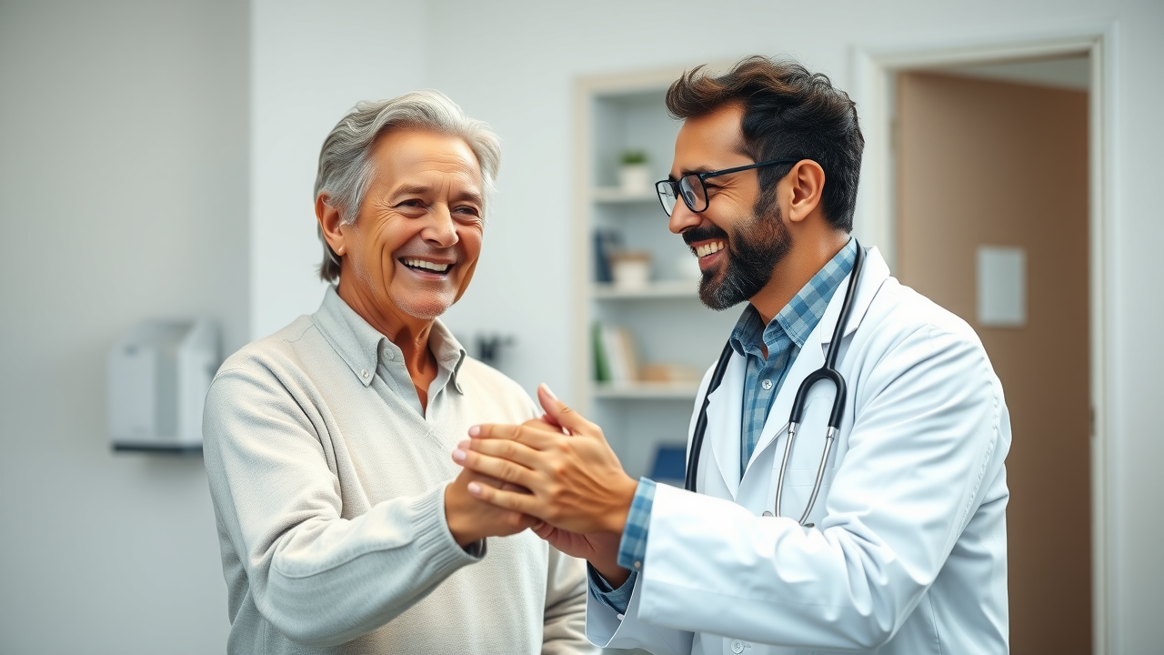 smiling patient sharing testimonial with doctor in modern clinic for local SEO