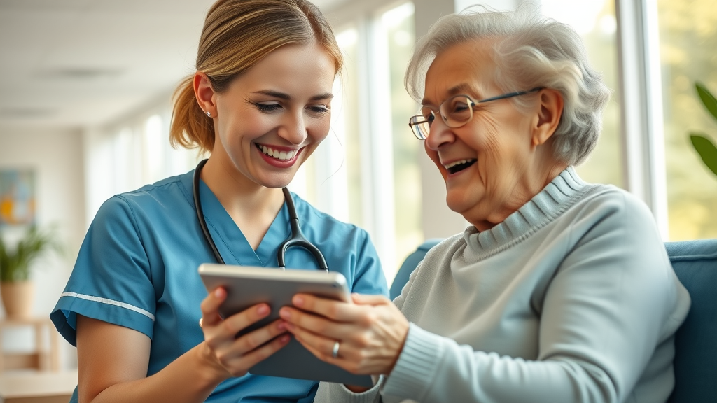 compassionate nurse communicating with elderly patient through patient acquisition digital marketing tools in a modern patient lounge