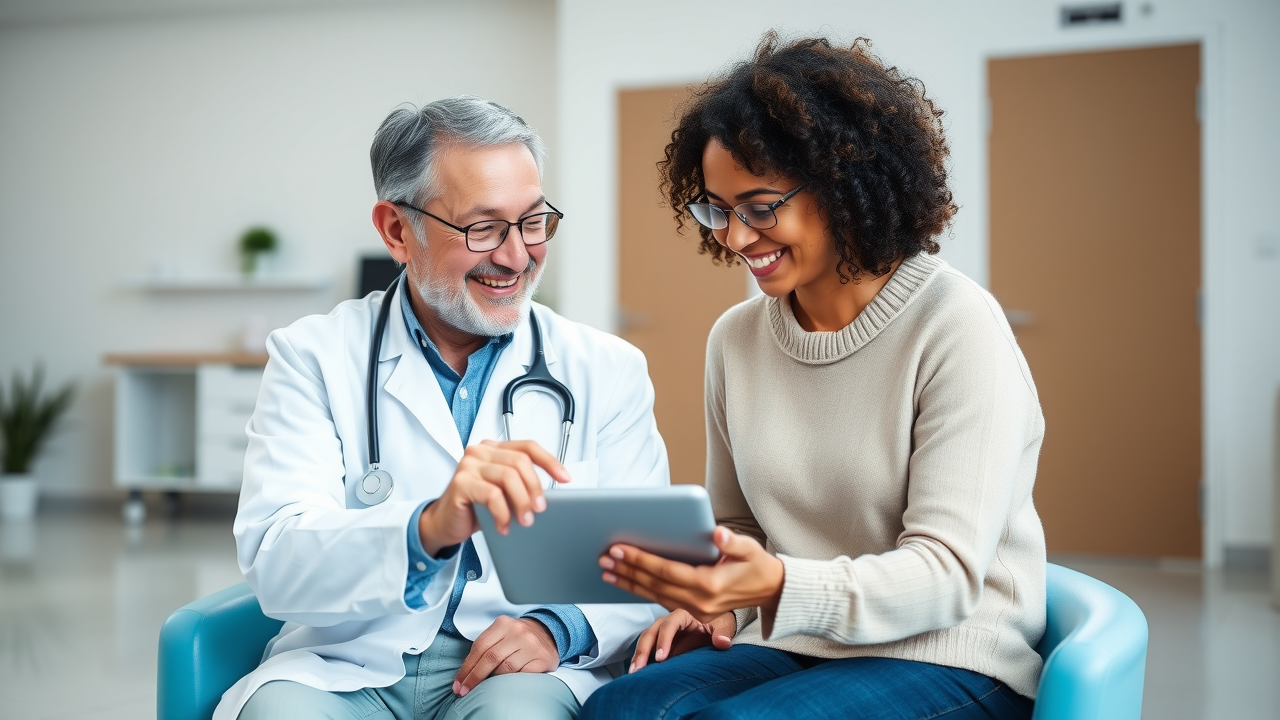 Doctor and patient sitting together in a bright, modern clinic, reviewing a digital health chart on a tablet, both smiling