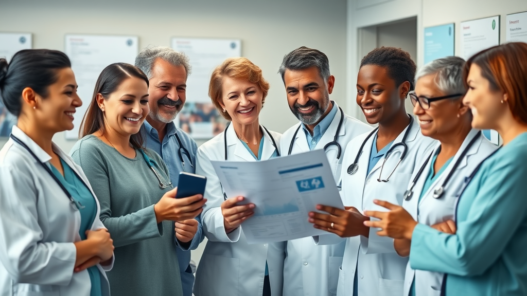 healthcare patient engagement with diverse patients and providers discussing a digital health chart in a modern clinical setting