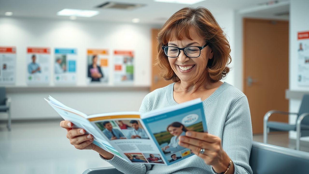 patient engagement with a middle-aged woman reading healthcare brochures in a modern clinic