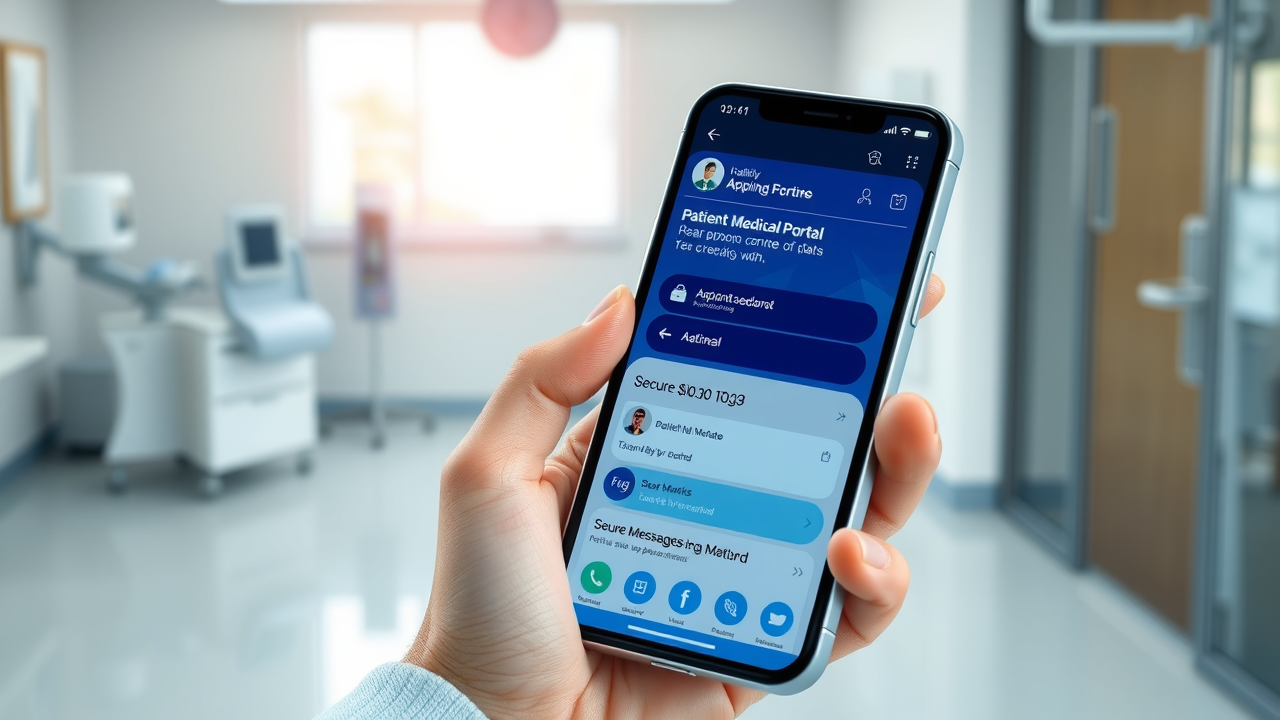 Close-up of a patient portal on a smartphone showing appointment scheduling and secure messaging features