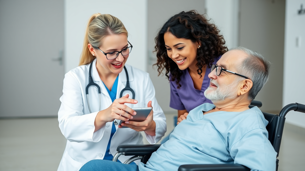 Doctor and nurse using a tablet to explain treatment to a patient in a wheelchair
