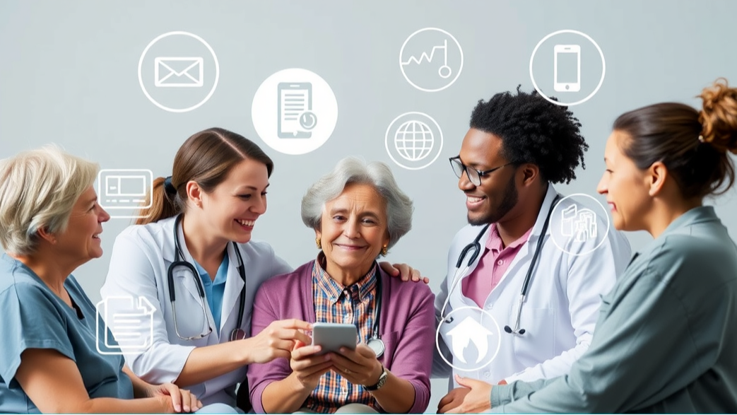 Healthcare team meeting with patients of different ages, cultures, and abilities, surrounded by icons representing trust, technology access, and health literacy, symbolizing improved engagement