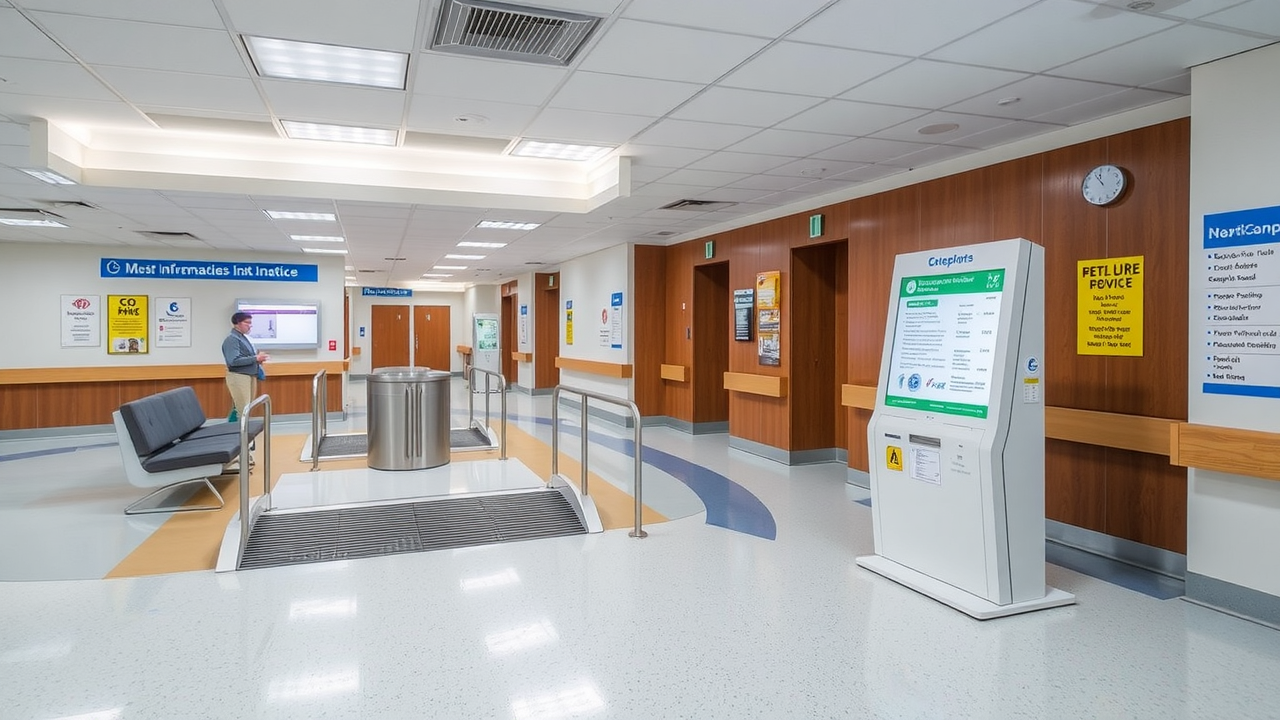 Hospital waiting area with accessible ramps, and patient information kiosks designed for inclusivity