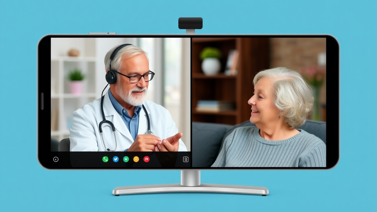 Telehealth session between a doctor and an elderly patient, video call interface