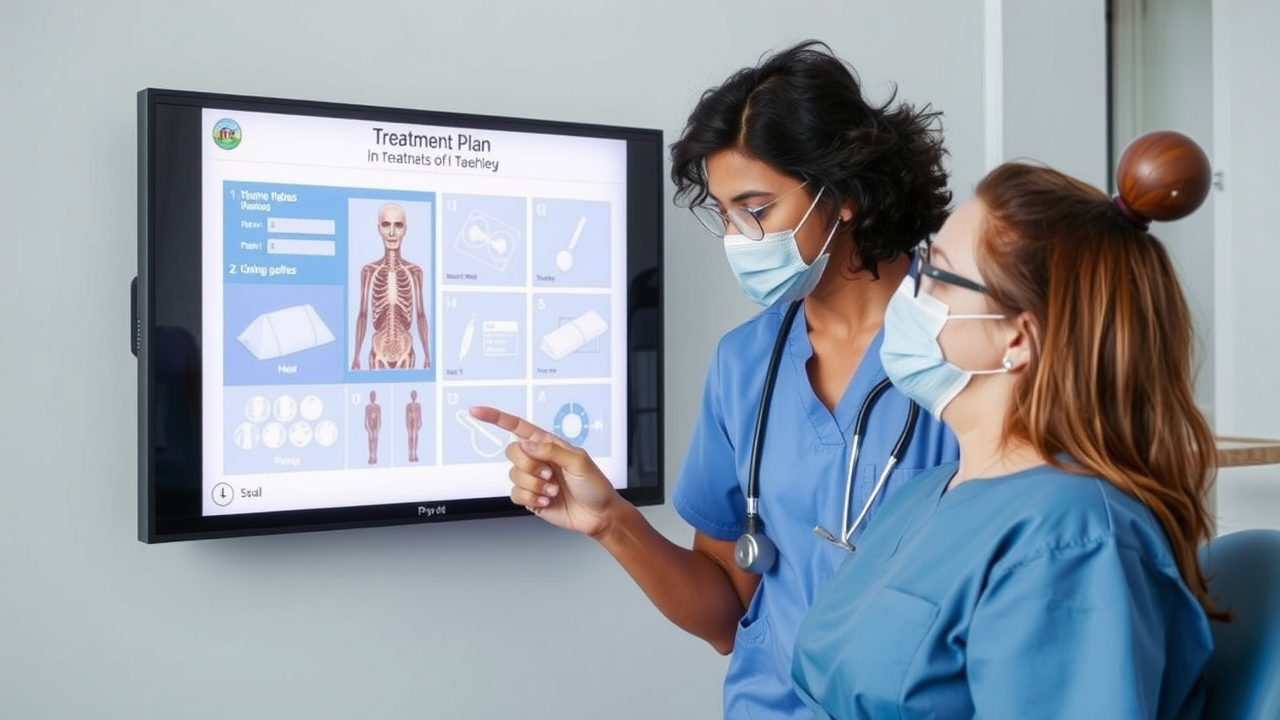 Nurse explaining a treatment plan to a patient using visual aids on a digital screen