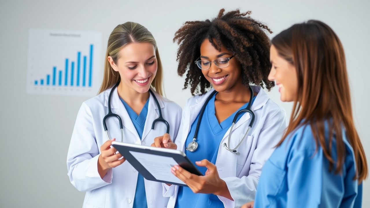 Healthcare team reviewing patient satisfaction surveys on a tablet, with charts and feedback icons in the background.