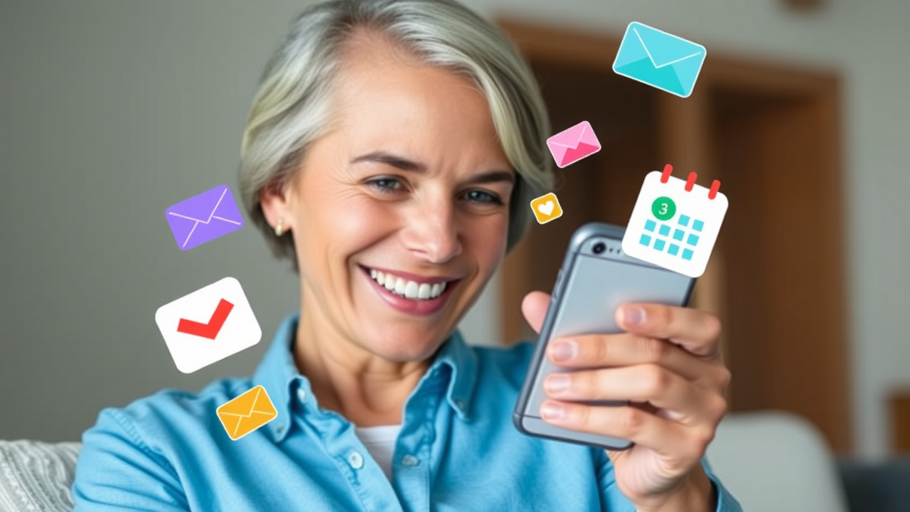 Happy patient receiving a friendly appointment reminder via smartphone, with colorful icons of messages and calendars floating around.