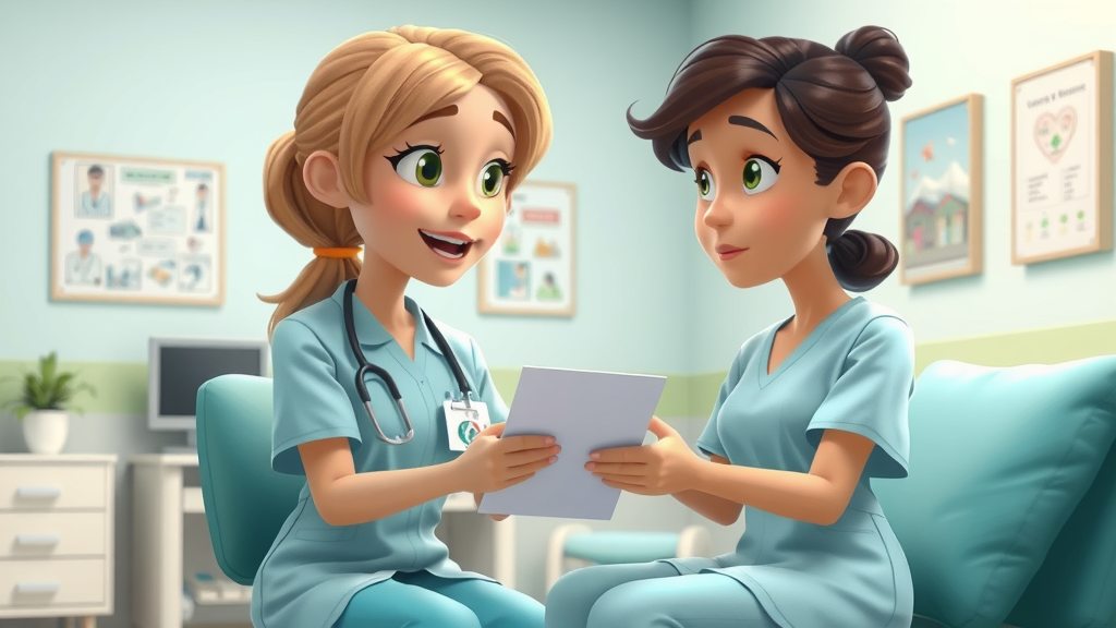 caring nurse consulting with patient about post-visit instructions in a calming, supportive hospital room