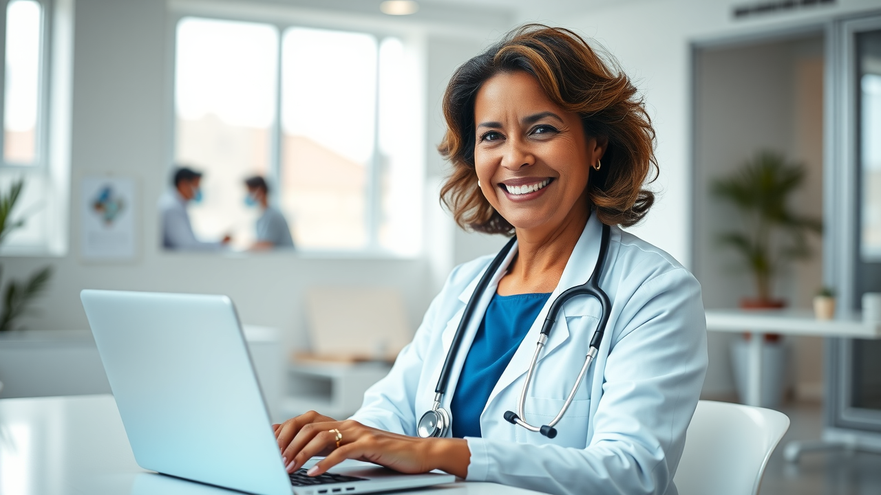 Modern healthcare professional using telemedicine software, connecting with a smiling patient on a laptop screen
