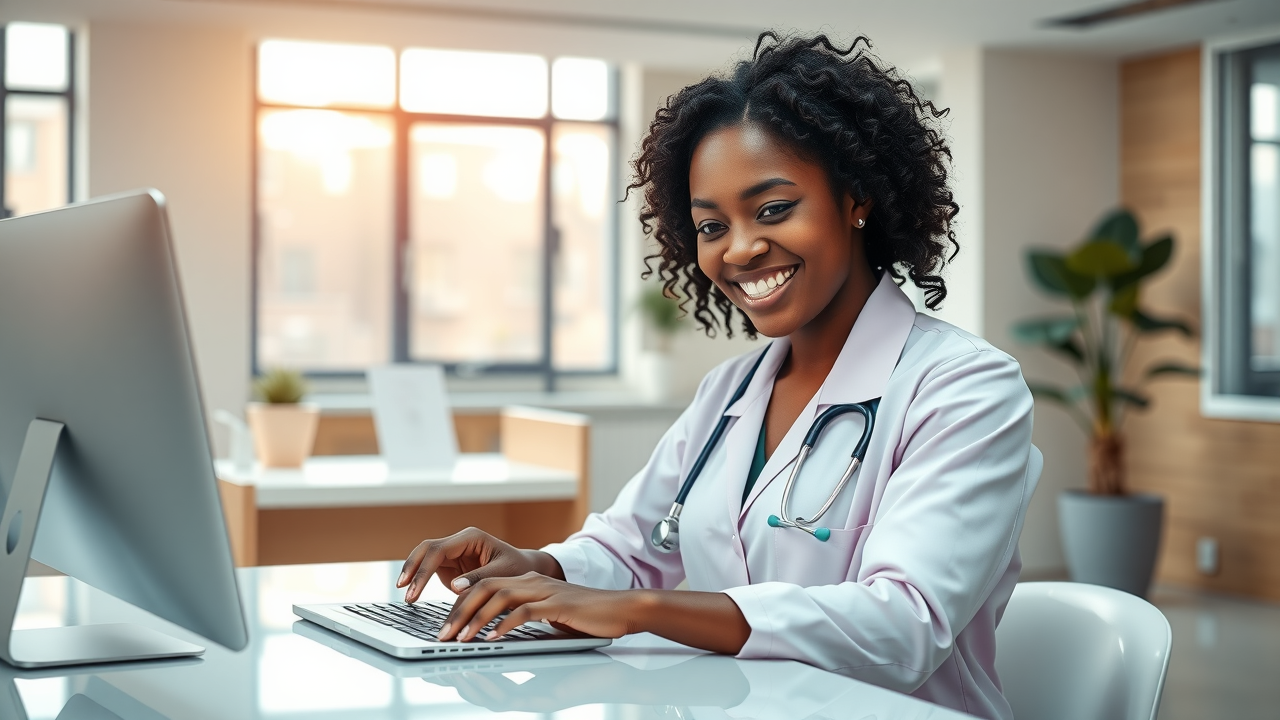 Receptionist sending a personalized thank-you email to a patient, with digital communication icons surrounding her