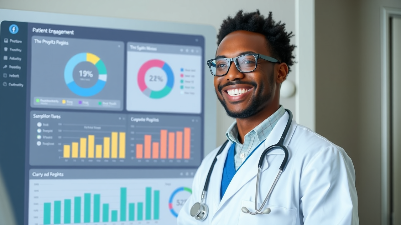 Healthcare provider reviewing patient engagement data on a dashboard, showing retention rates and satisfaction metrics