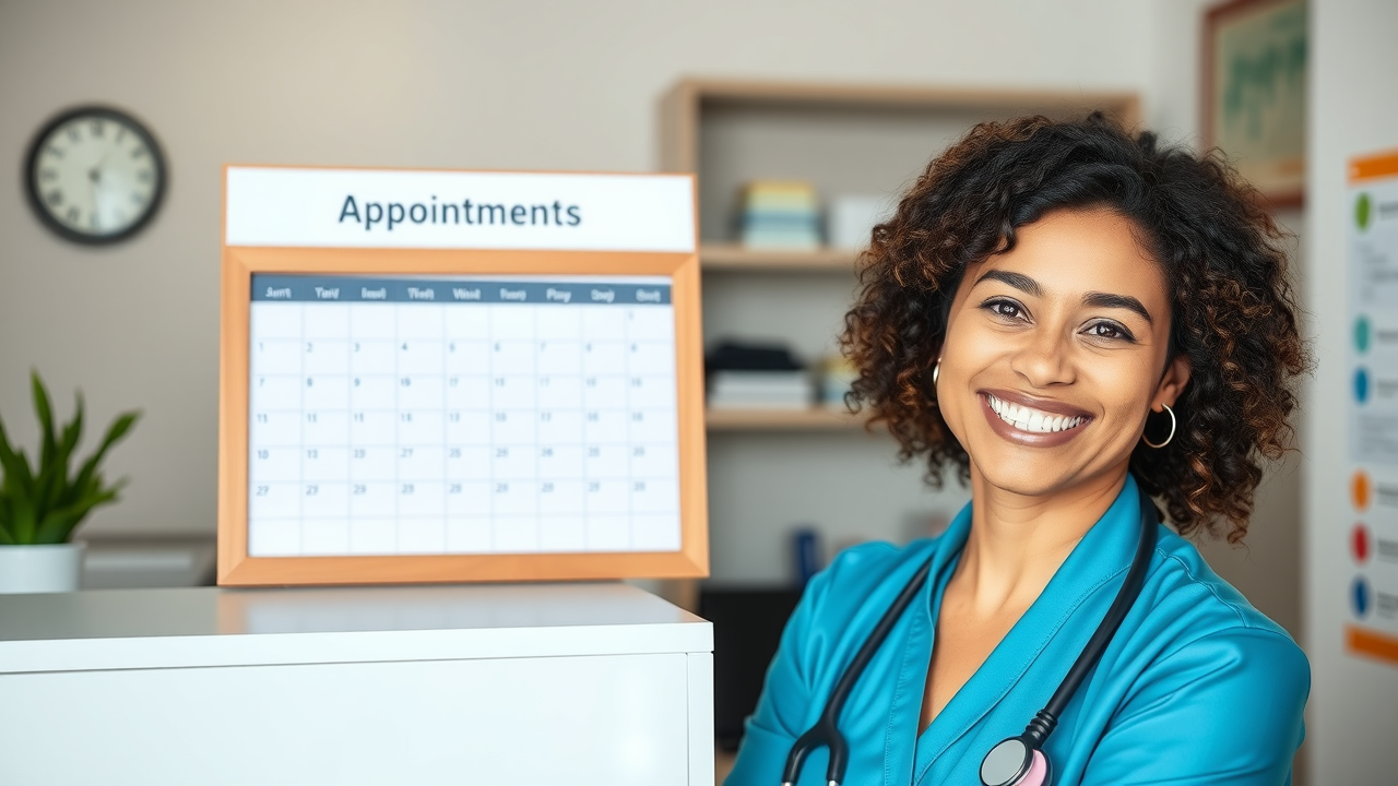 happy Healthcare clinic receptionist with a calendar that says