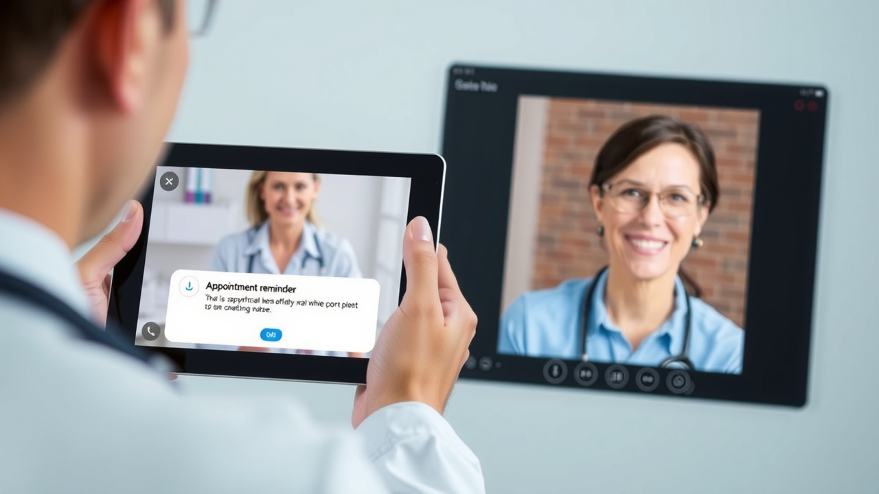 A doctor holding a tablet showing an appointment reminder notification, with a smiling patient on the other end of a video call
