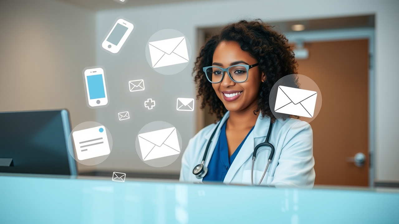 Healthcare receptionist at a front desk sending automated appointment reminders, with icons of phones, texts, and emails floating around.