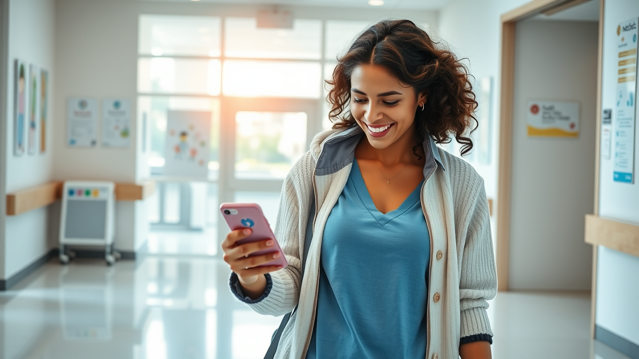 Family healthcare scene where a parent receives a reminder on their phone while bringing their child to a pediatric appointment.