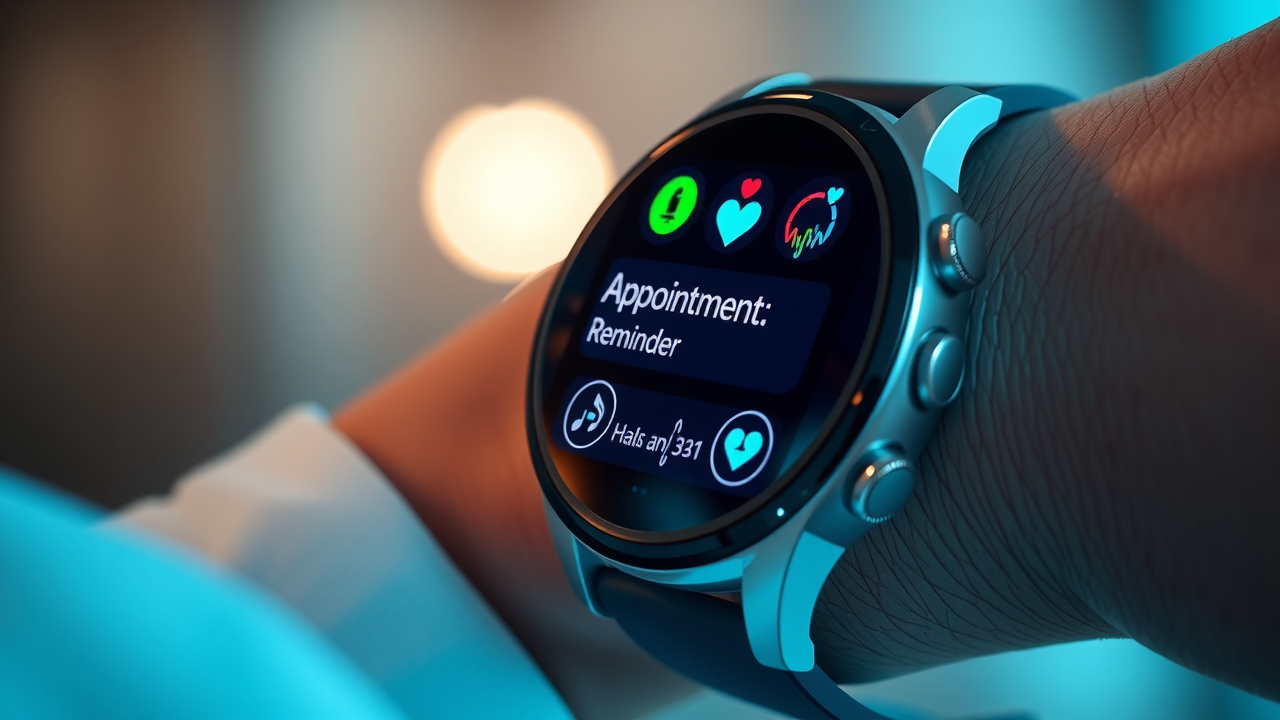 Digital smartwatch notification showing a medical appointment reminder alongside fitness and health tracking icons.