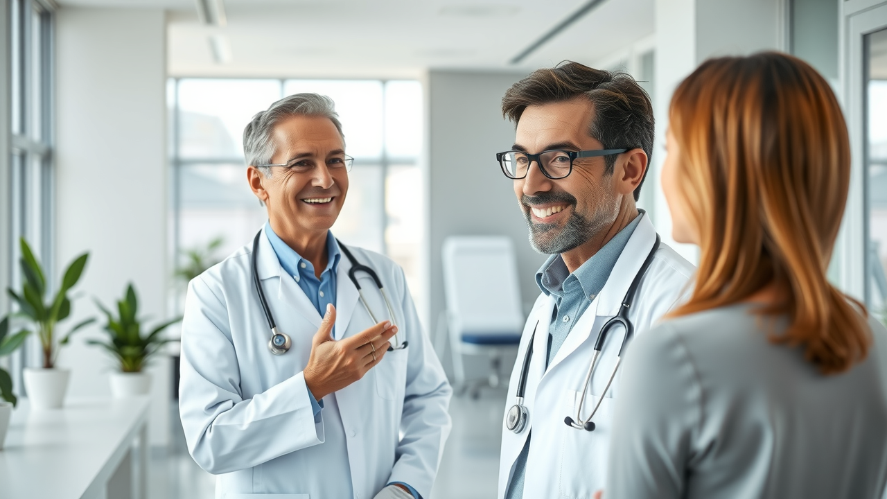 Doctor in a modern clinic happily greeting a patient who arrived on time thanks to a reminder system.