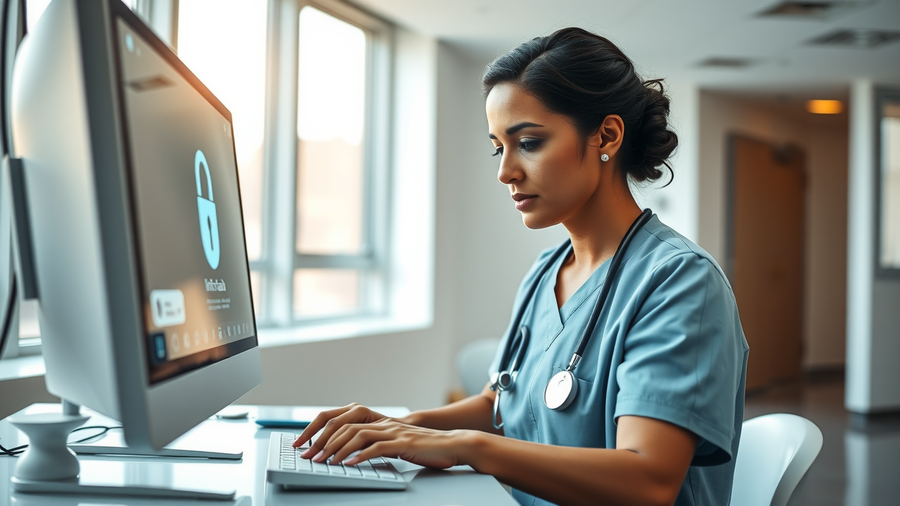 Nurse sending a reminder via computer with visible lock and shield icons on the screen to show HIPAA compliance.