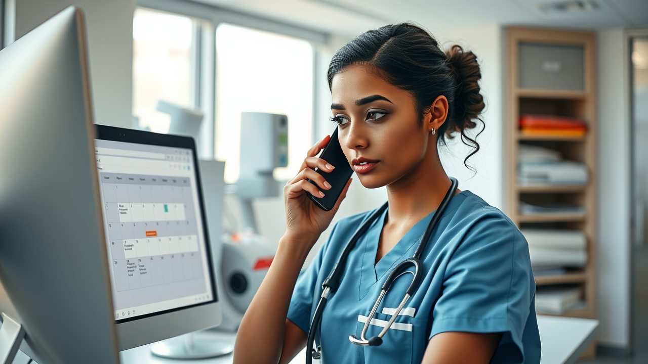 A nurse calling a patient with a phone in one hand and a digital appointment calendar open on a computer screen.