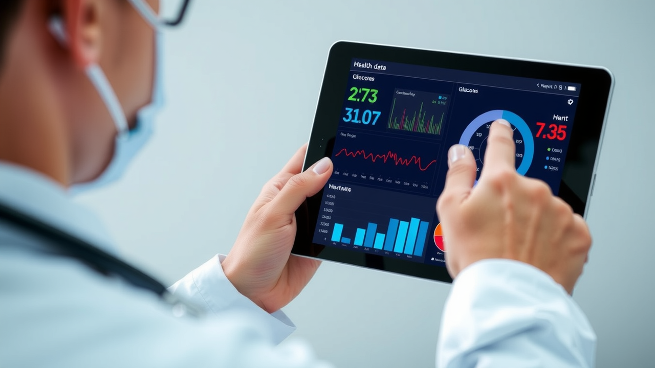 A doctor using a digital tablet to review a patient’s health data dashboard with charts showing blood pressure, glucose, and heart rate.